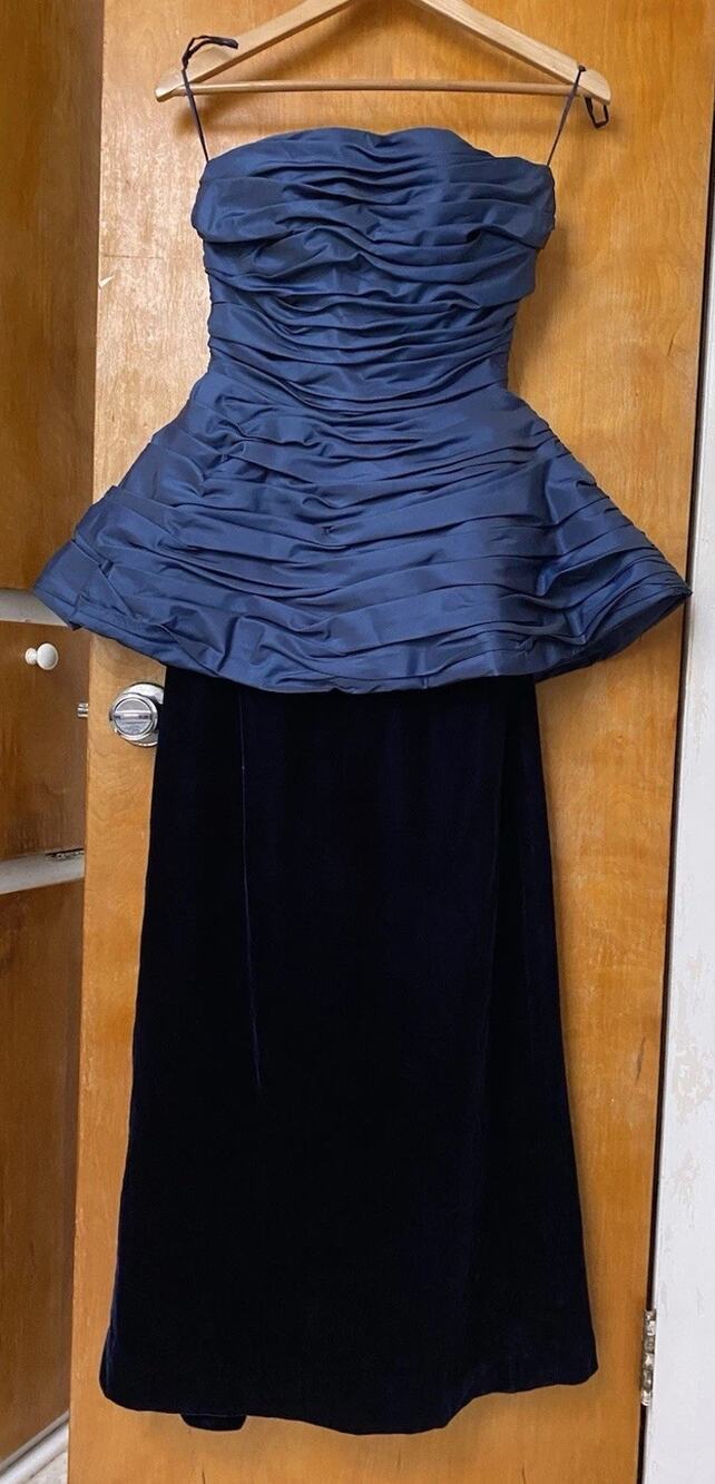 Vintage Victor Costa Velvet Peplum Gown Ruched Strapless Dress Avant Garde Sz XS